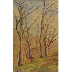  'Trees - Early Spring', watercolour bears signature of Rowland Hill dated '48, titled verso on label with Gallery 6 Telford label verso 30cm x 20cm   