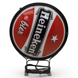 Heineken Bier Advertising sign - circular convex backlit logo, on cast metal bracket