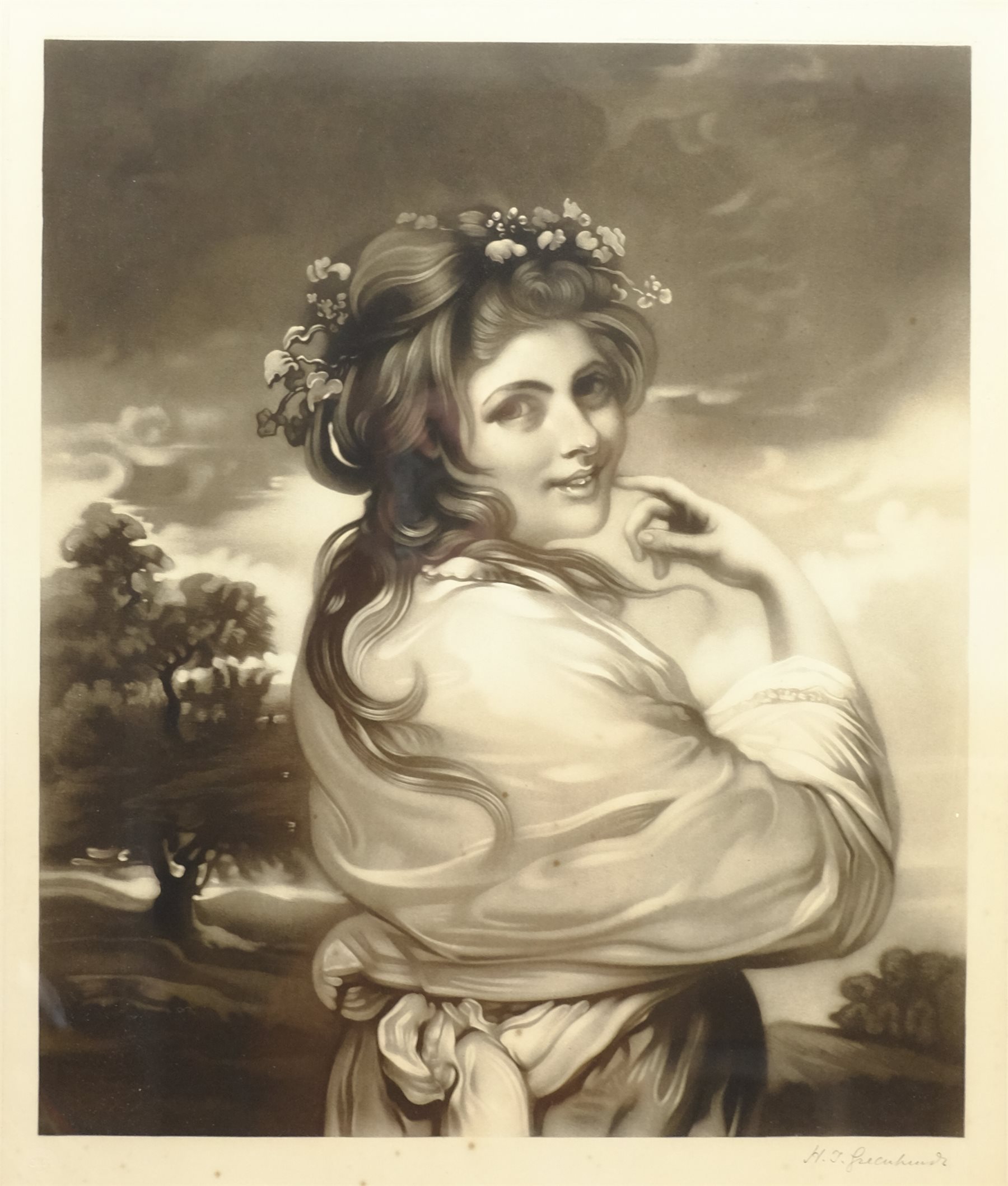 After Thomas Gainsborough (British 1727-1788): Portrait of Mrs Watson, engraving, together with four further 19th century portrait engravings, a Pears print and a further print, max 56cm x 48cm (7)