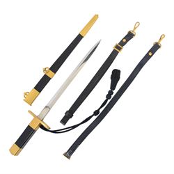 French Air Force officers dagger, with 26cm double edged blade, the riscasso marked with air force insignia, with brass cross guard, in leather scabbard with metal mounts and two hanging loops, complete with with sword knot, hanging straps and box 