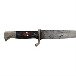 WWII German Third Reich Hitler Youth knife, the 13cm blade marked RZM M7/13, chequered black grip with inset enamel diamond shaped insignia, with scabbard and leather frog, overall L25cm