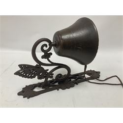 Cast iron exterior hanging garden bell with decorative butterfly bracket
