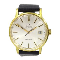 Omega Geneve gentleman's automatic gold-plated wristwatch, with date aperture, on black leather strap, boxed