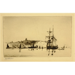 Off Scarborough, etching signed in pencil by Frank Henry Mason (Staithes Group 1875-1965), Hastings, two 19th century pencil drawings dated 1827 unsigned and 'Whitby Abbey' and 'Knaresborough', two early 20th century unsigned max22.5cm x 28.5cm unframed