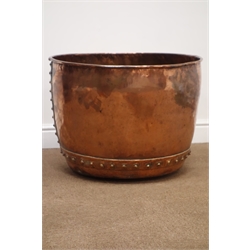  Large copper circular log bin, part riveted body, D63cm, H48cm   