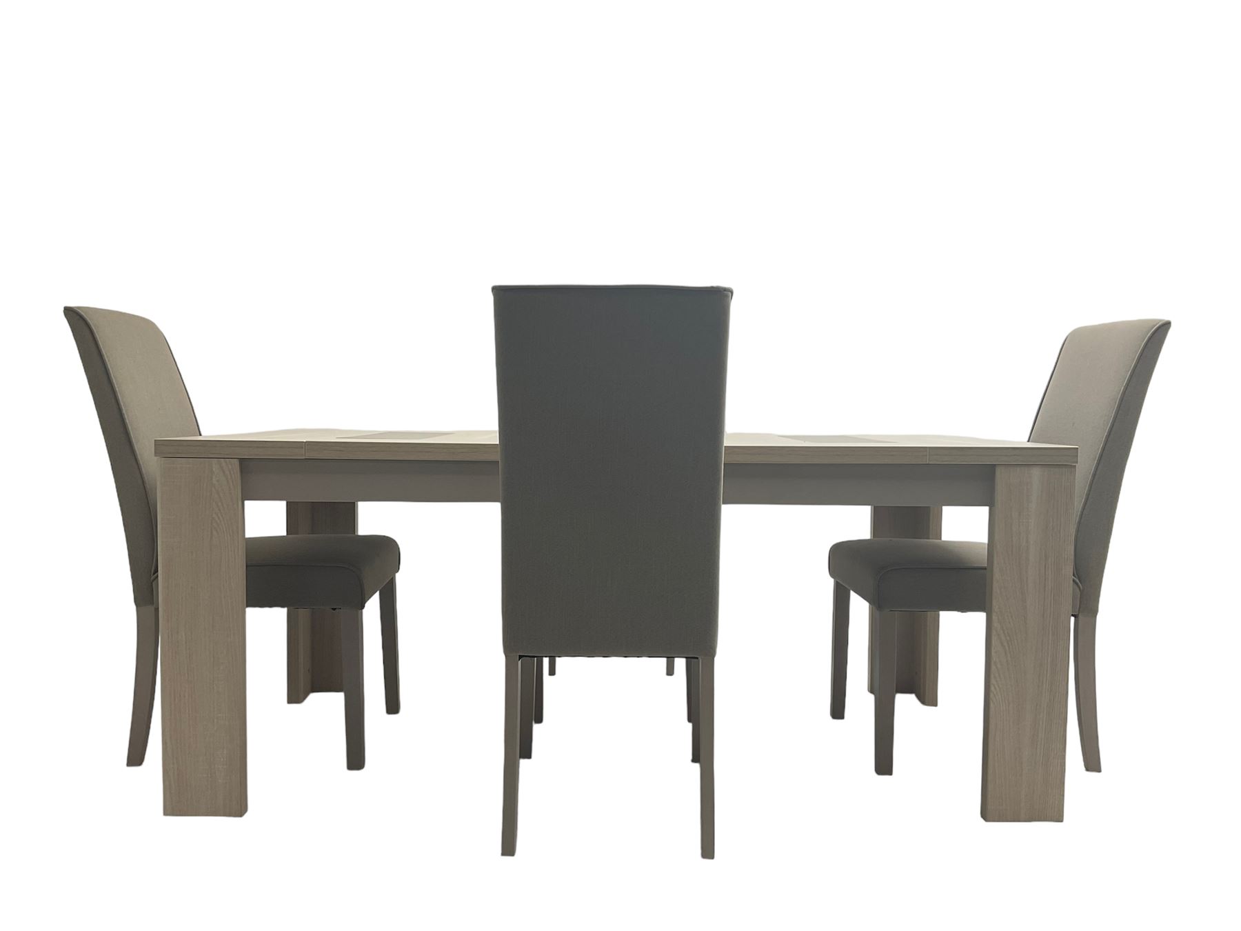 Wayfair Veasley - washed oak finish rectangular dining table, and set four high back dining chairs upholstered in grey fabric