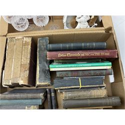 Quantity of books, bone handled walking cane, group of six hock glasses, silver plated twin handled tray, and other misc etc in two boxes