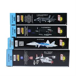 Four Cobi Bricks 1:48 scale Armed Forces model aircraft sets, comprising no. 5835 Bell Boeing V22 Osprey, no. 5909 SU-57 Felon, no. 5899 F-4S Phantom II and no. 5895 F-35 B Stovl Lightning II, all in sealed boxes