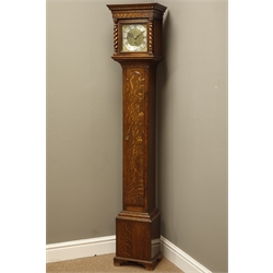  Early 20th century oak cased Grandmother clock with barley twist column hood door, square brass dial with triple fusee movement chiming the quarter hours on eight bells, H166cm  