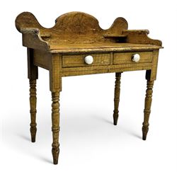 Victorian scumbled pine dressing table, rectangular top with shaped and scrolled gallery back, fitted with two drawers with ceramic knobs, on turned supports