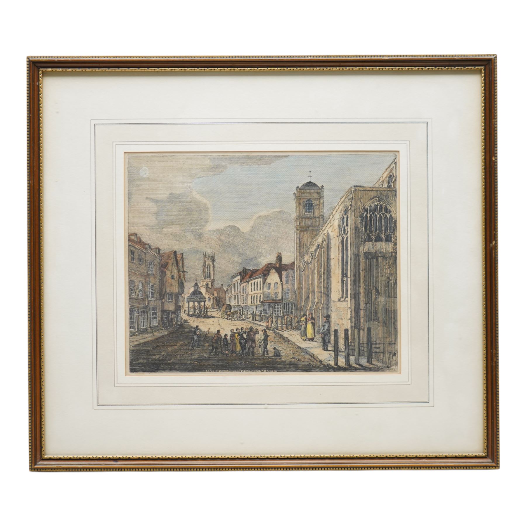 Henry Cave (British 1779-1836): 'Pavement with the Churches of St Crux and All Saints' York, early 19th century etching with hand-colouring 21cm x 25cm
Notes: the church on the right is St Crux's, which was demolished in the 1887, now all that remains is the little church hall at the bottom of the Shambles. 