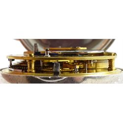 Victorian silver pair cased English lever fusee pocket watch by John Bryson & Son, Dalkeith, No. 38736, round pillars, engraved balance cock with diamond endstone, white enamel dial with Roman numerals and subsidiary seconds dial, case by Philip Woodman & Sons, London 1866