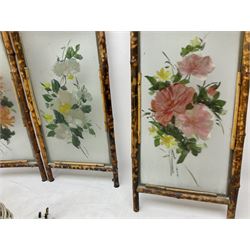 Three table lamps, oval swing mirror and bamboo folding screen decorated with flowers, H71cm
