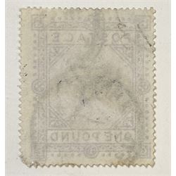 Great Britain Queen Victoria 1867-83 one pound brown-lilac stamp, plate one, used, previously mounted