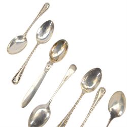Danish silver demitasse spoon, stamped Georg Jensen, Sterling, Denmark, together with two sets of early 20th century silver coffee spoons, all hallmarked