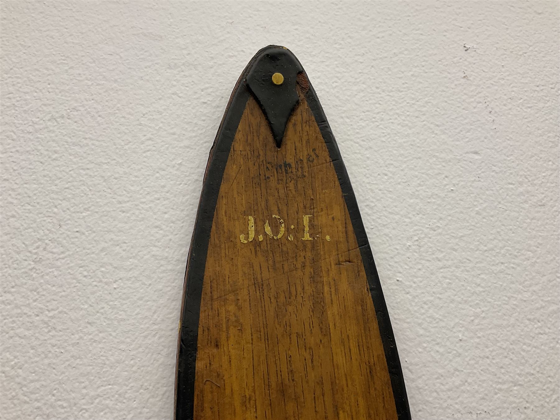 Pair of 1930s wooden skis, with painted metal runners beneath stamped Attenhofer, with retailers label for Ernst Gertsch Central Sports, L206cm