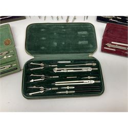 Negretti & Zambra drawing instrument set, the ruler with manuscript name 'F/Sgt. F. Hamilton R.A.F. 194(?)', cased; four other drawing instrument sets by Anker-Precision Germany, EcoBra, Temple etc, all cased; and quantity of loose drawing instruments