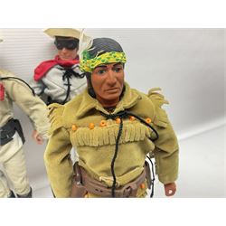 Two pairs of 1970s Lone Ranger and Tonto action figures, probably by Marx Toys; and Gabriel 'Silver' stallion horse; all unboxed (5)