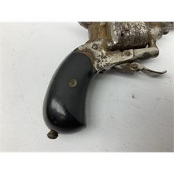 19th century 7mm six-shot pin-fire revolver, with folding trigger, two-piece ebonised grip and ejector rod in butt L17cm