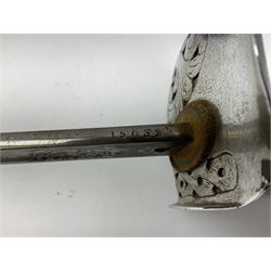 British George V 1897 Pattern Infantry Officers Sword, the 82.5cm fullered steel blade etched and polished with crowned royal arms, GRV cyphers and scrolling foliage, marked Army & Navy Co-operative Society 105 Victoria St London SW to the ricasso,  plated pierced basket hilt with wire bound fish skin grip and leather knot, No.15032; in leather covered scabbard