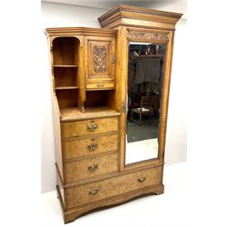 Late Victorian inlaid and cross banded ash and elm combination wardrobe, projecting cornice, single feather edged mirrored door, three shot and one long drawer, shaped plinth base