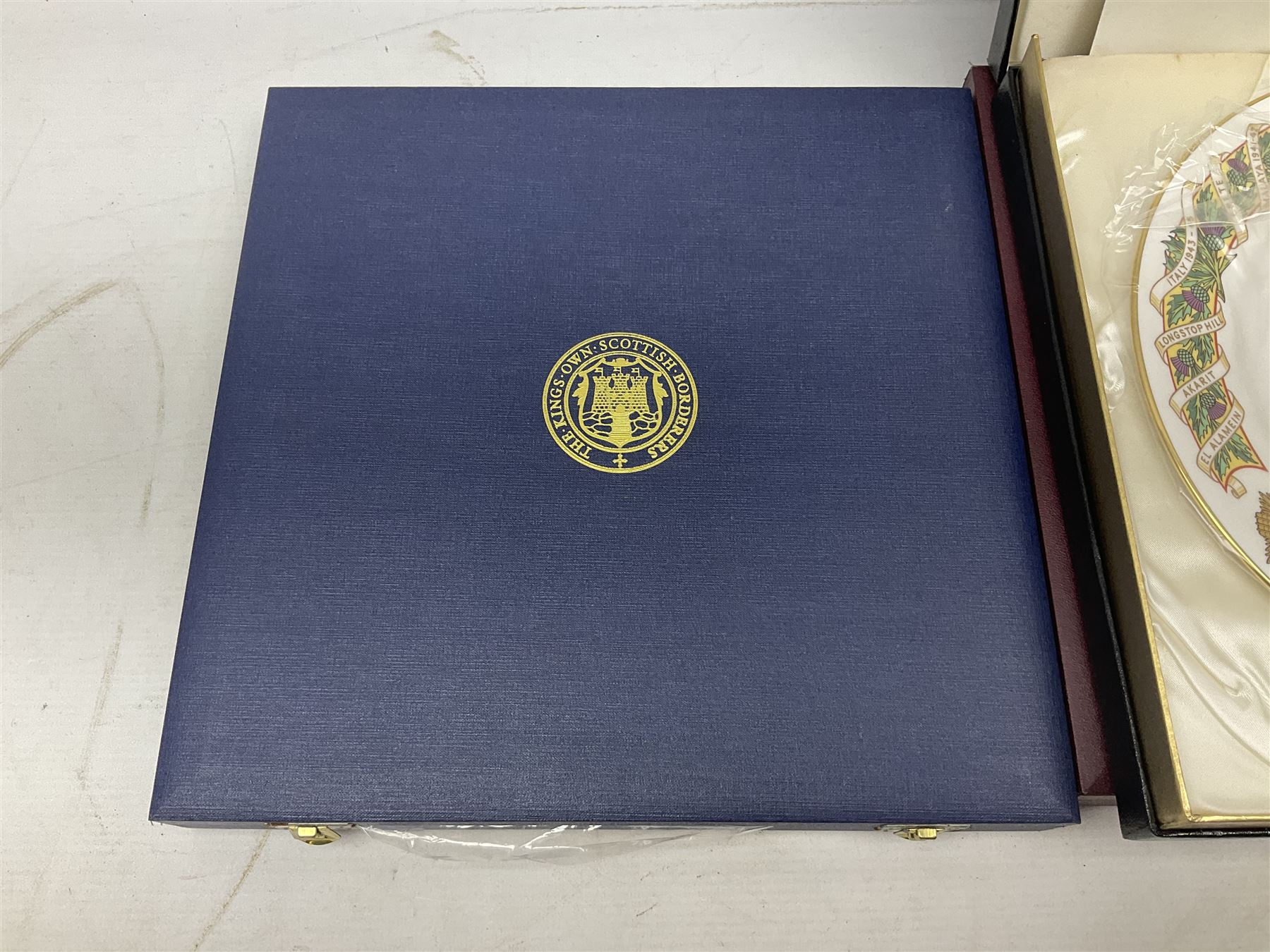Five Spode Mulberry Hall limited edition Regimental commemorative plates - Argyll & Sutherland Highlanders No.9/500; Cheshire Regiment No.352/500; Kings Own Scottish Borderers No.113/500; Black Watch Royal Highland Regiment No.331/500; and Royal Welch Fusiliers No.309/500; all boxed with certificates (5)