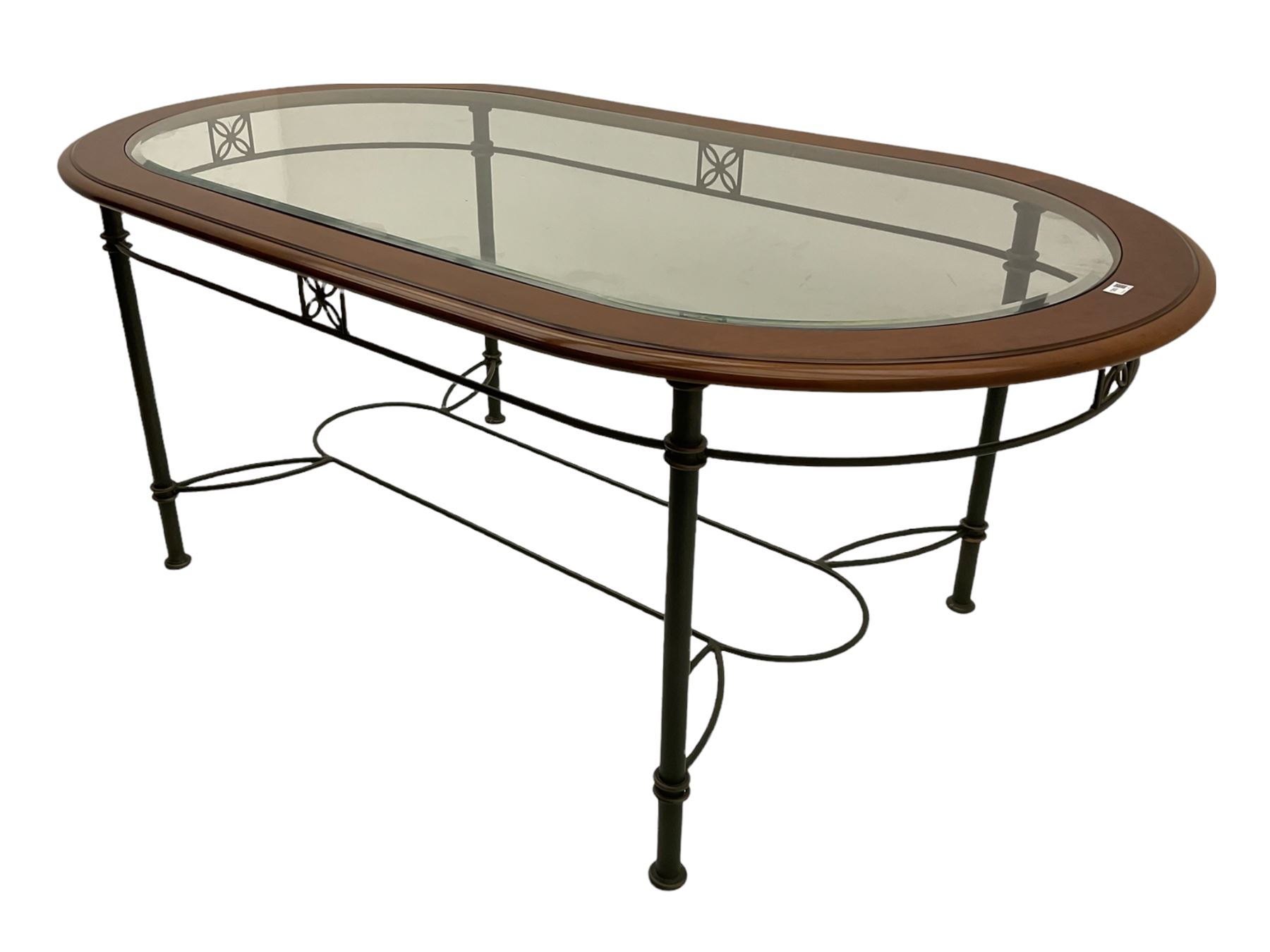 Ernest Menard - cherry wood and wrought metal dining table with glass top, and set six matching dining chairs