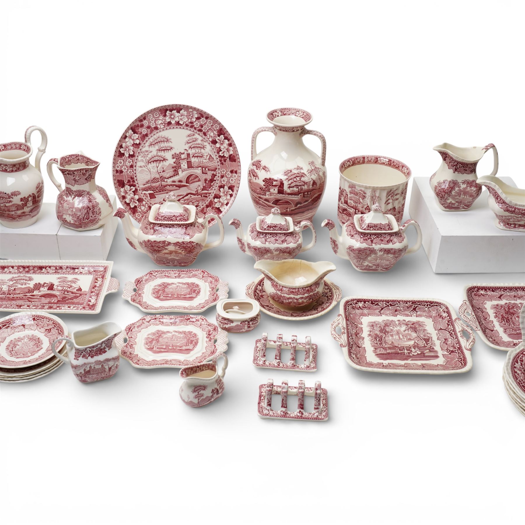 Large quantity of Masons Ironstone 'Vista' pattern tablewares, comprising three teapots, three serving dishes, three jugs, twenty two plates of various sizes, etc, together with a small collection of Spode 'Pink Tower' pattern wares