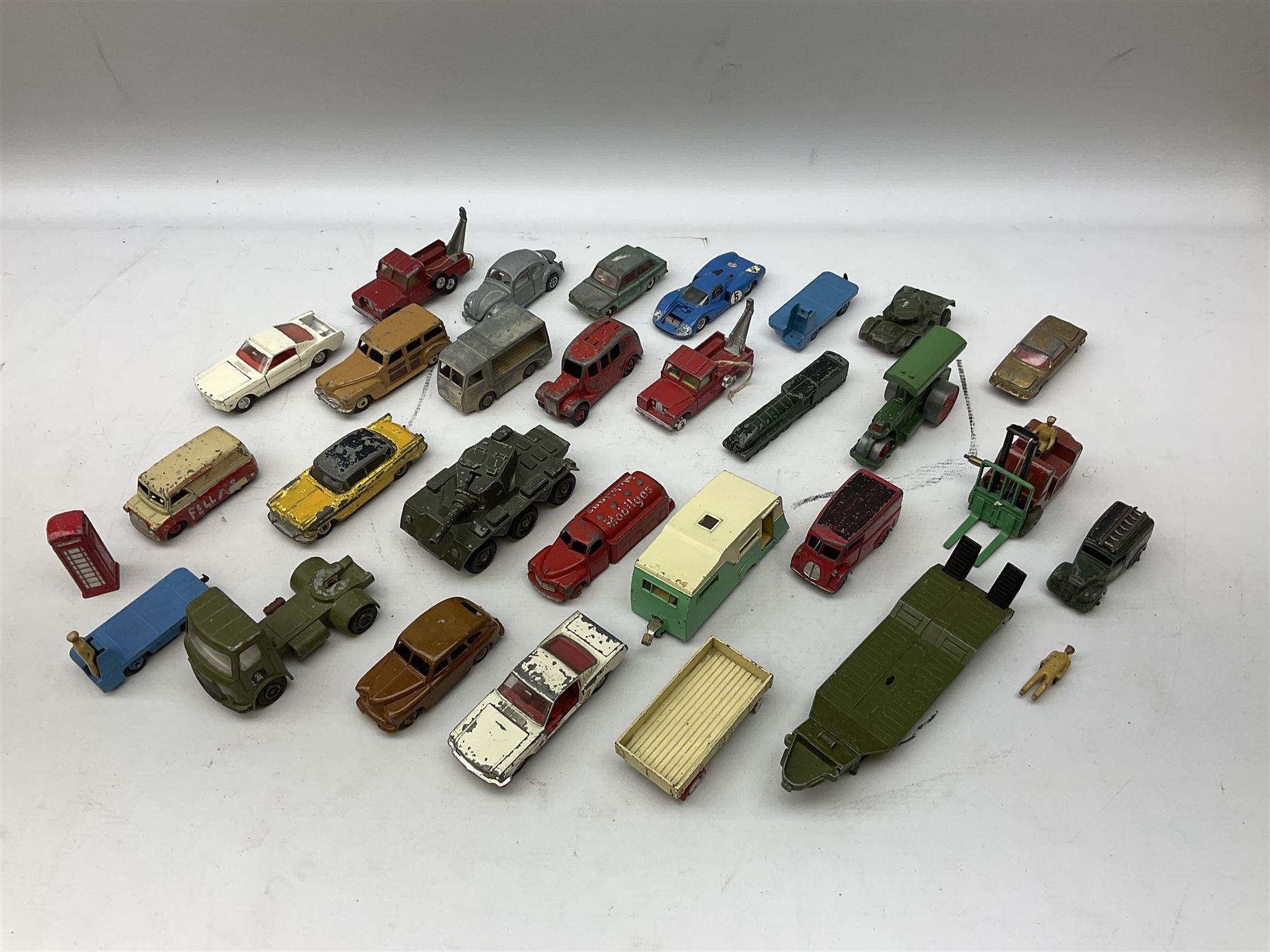 Dinky/Corgi - twenty-nine unboxed and playworn die-cast models including Mobilgas Tanker, two BEV Trucks, Aveling-Barford steam roller, Coventry Climax fork-lift, Hudson Hornet, Vanguard, Post Office Telephones Van, Royal Mail Van etc