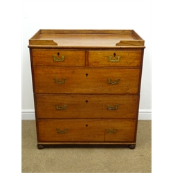  19th century teak two section Naval campaign chest, with removable gallery above two short and three long drawers with recessed brass handles, swan neck side carry handles on bun feet, W93cm, H104cm, D51cm  