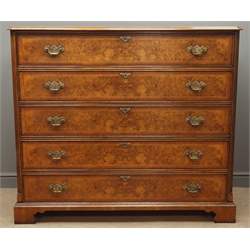  Craftsman made quality reproduction inlaid figured walnut chest, five long drawers, bracket feet, W140cm, H124cm, D54cm  
