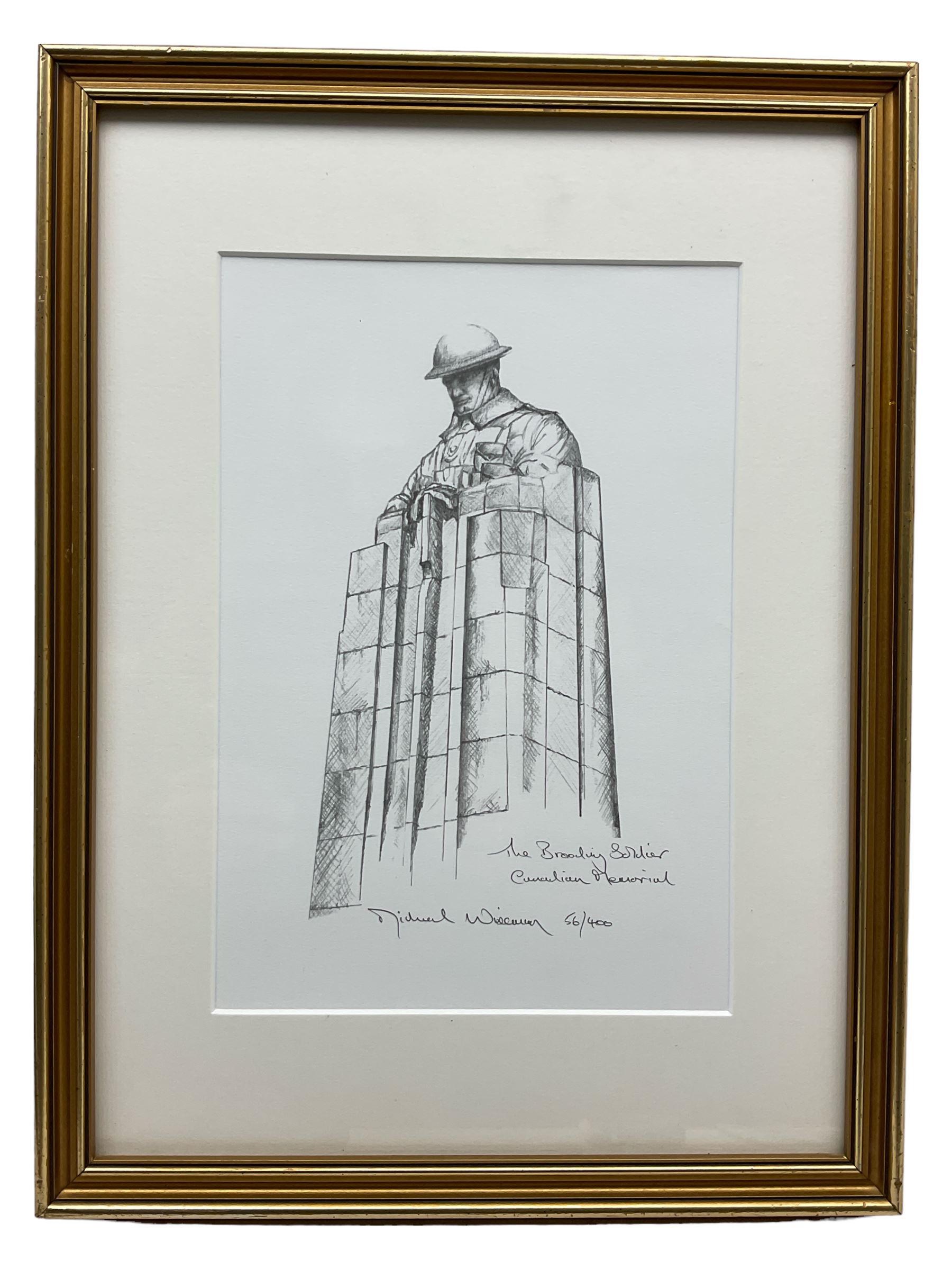 Michael Wiseman (Kent 1960-): 'The Brooding Soldier - Canadian Memorial', limited edition print signed titled and numbered 56/400, biographical details verso, 28cm x 19cm; gilt frame