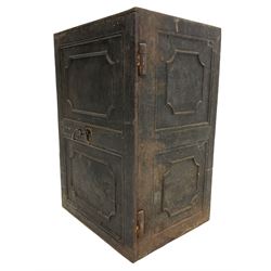 Early 19th century cast iron safe strong box, with key, two internal drawers