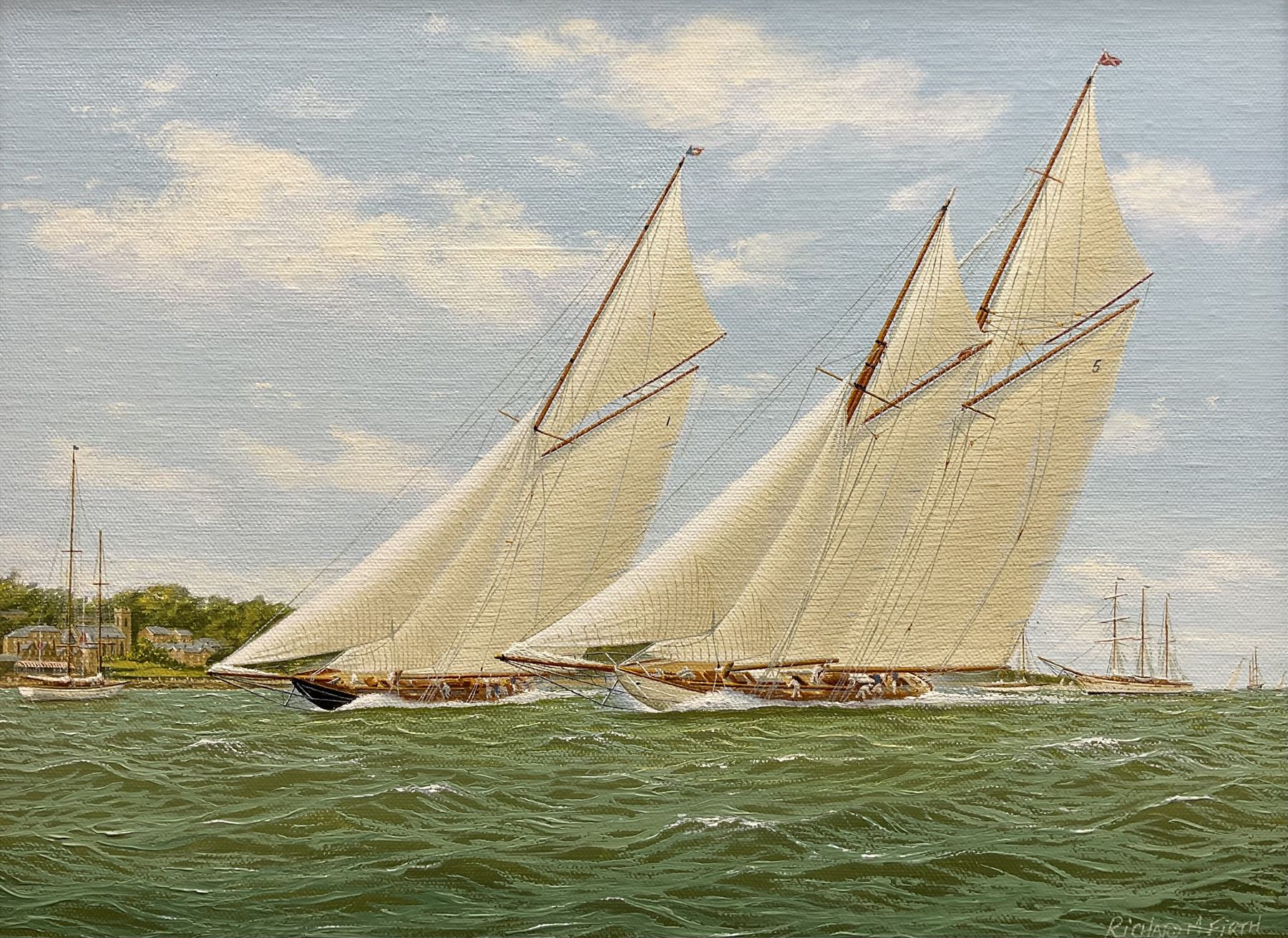 Richard M Firth (British 1971-): 'Westwood and Britannia Racing off the Royal Yacht Squadron - Cowes', oil on canvas laid on to board signed, titled on gallery label verso 29cm x 39cm 
Provenance: with James Starkey, Beverley, label verso