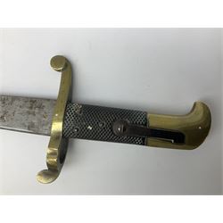 British 1855 pattern 'Sappers & Miners' Lancaster sword bayonet as issued to Medical Corps, the 62cm steel blade marked S&K with various numbers; in brass mounted leather scabbard numbered 1176