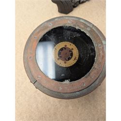 Military issue 02A gimbal compass, with broad arrow mark, together with a brass porthole and a piece of wood carved with portrait and foliage