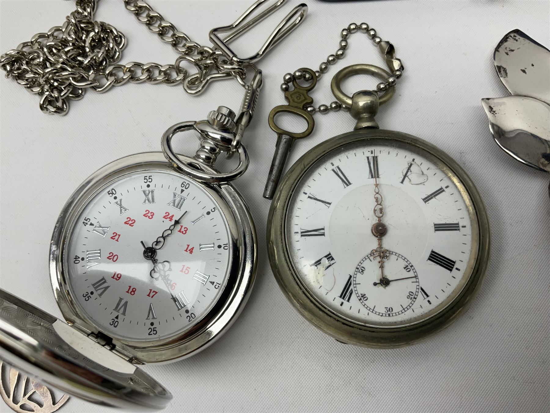 Pair of Georgian silver dress buttons, silver caddy spoon, silver fob medals, silver watches, set of six silver plated teaspoons, set of gilt buttons with ship design, etc