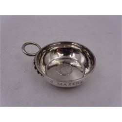 French silver dish, of circular form, with loop handle in the form of a serpent, and set with 1 Franc coin dated 1861 to centre, stamped with Minerva's head for 800 standard, D7.8cm