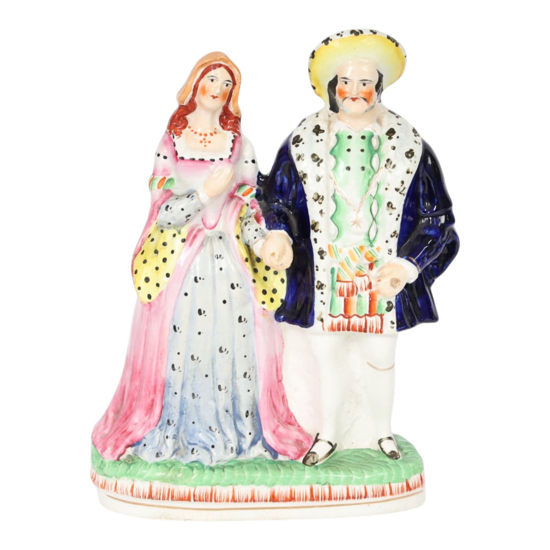 Rare 19th century Staffordshire pottery figure, modelled as Henry VIII and Anne Boleyn, Henry stood on the right and Anne left holding hands, H24.5cm
