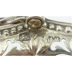  George III silver swing handle dish, pierced and embossed flower decoration by William Plummer, London 1765, L16cm, approx 4oz   