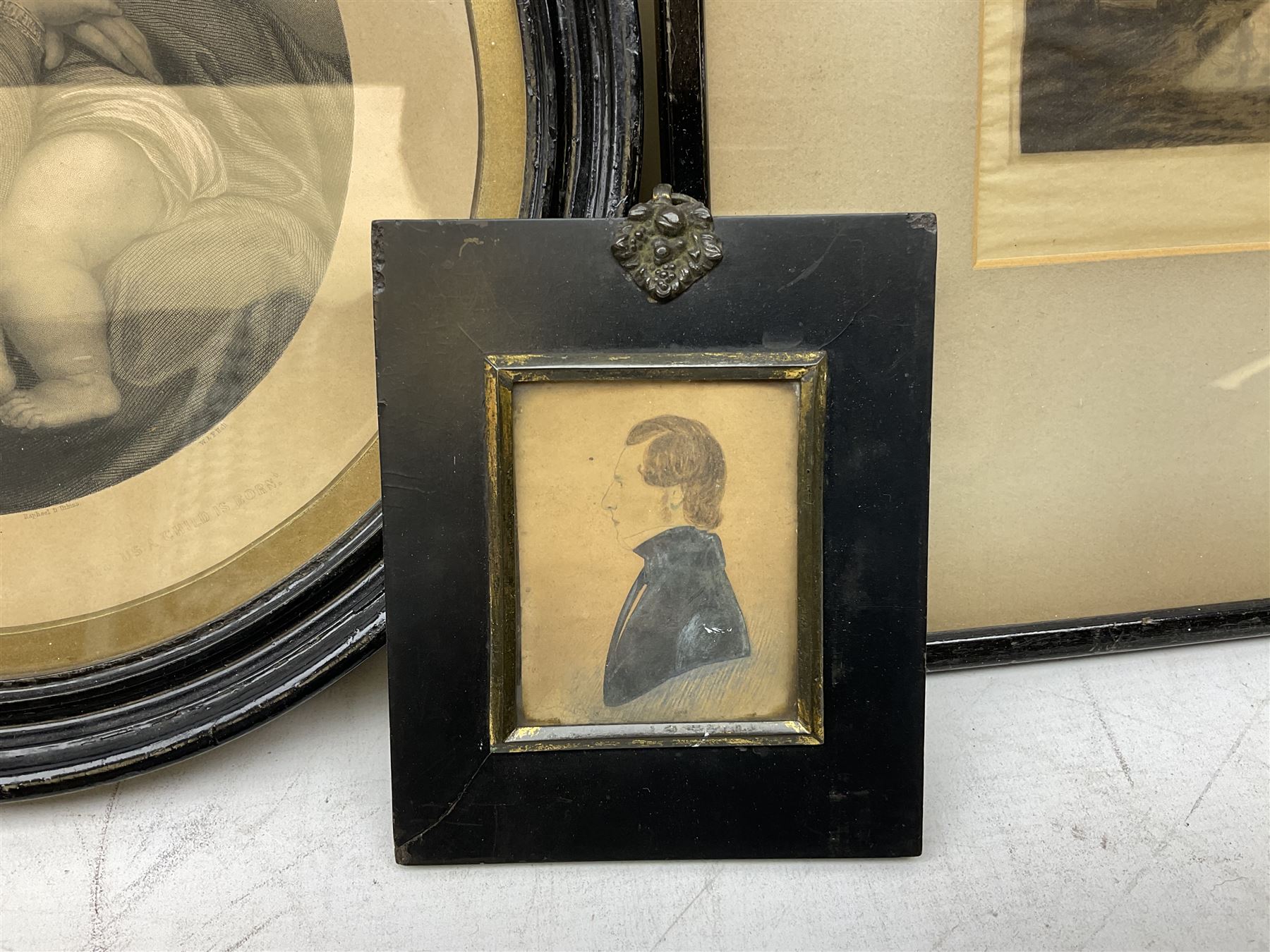 Victorian silhouette; after Josepha Reynolds 'A Bacchante', 19th century print; after John Hoppner pair 19th century colour prints, Frank Paton 'Not at Home', etching signed in pencil, together with etching, engraving and frame (9)