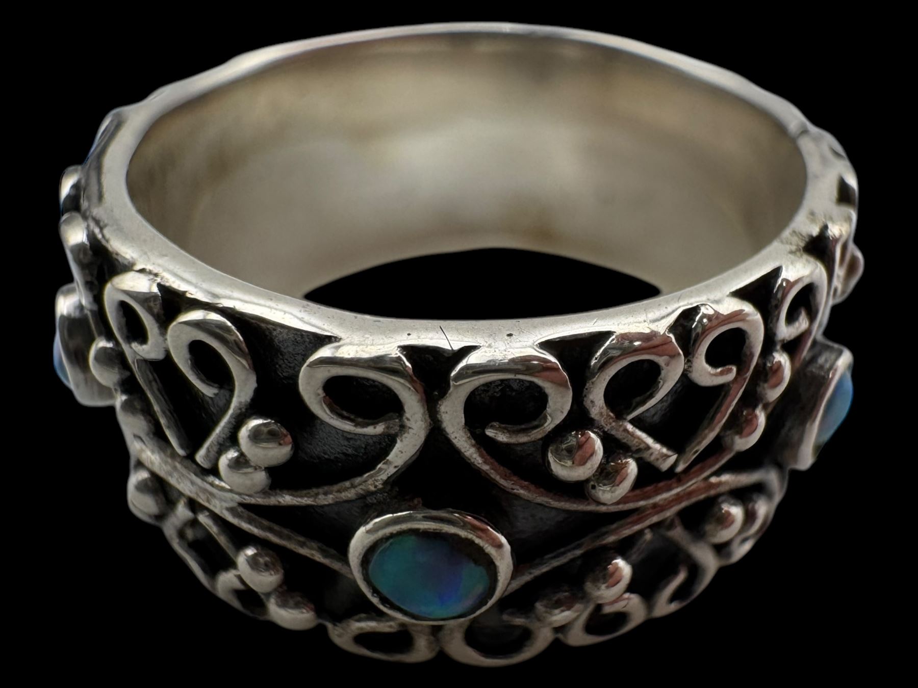 Silver opal filigree band ring, boxed