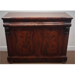  Victorian mahogany chiffonier, chamfered rectangular top, frieze drawer above to shield doors, plinth base, W122cm, H96cm, D49cm  