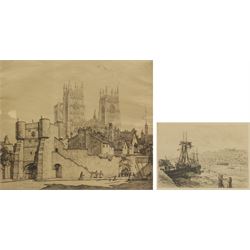 Alfred Louis Brunet-Debaines (French 1845-1939): Whitby Harbour, etching signed in the plate 14cm x 20cm; Albert Thomas Pile (British 1882-1981): Bootham Bar York, etching signed in the plate 27cm x 32cm (2)