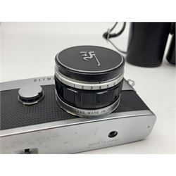 Olympus Pen FV camera body, serial no. 120981, with 'Olympus F.Zuiko Auto-S 1:1.8 f=38mm' lens, serial no. 251523, 'Olympus Zuiko Auto-zoom1:3.5 f=50-90mm, serial no. 135752 and clip on shoe