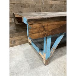 Large timber work bench with central glass section, and two pairs of vintage wooden step ladders (3)