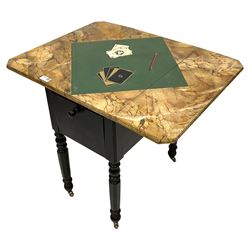 Victorian ebonised drop-leaf pot cupboard with later trompe l'oeil painted top, depicting marbled surface with baize cloth, playing cards and pencil, fitted with two drawers to one end and cupboard to the other with marble inset, on turned and faceted supports with brass castors