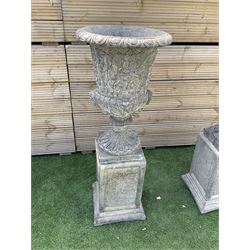 Pair of ornate Victorian style urns on plinth base, D40, H105 - THIS LOT IS TO BE COLLECTED BY APPOINTMENT FROM DUGGLEBY STORAGE, GREAT HILL, EASTFIELD, SCARBOROUGH, YO11 3TX