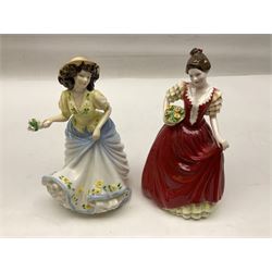 Five Royal Doulton figures, comprising Flower of Love HN3970, Emily HN3688, Southern Belle HN2229, Helen HN3886 and My Love HN2339, all with printed mark beneath, some with boxes, together with a Royal Doulton Figures reference book by D Eyles and R Dennis
