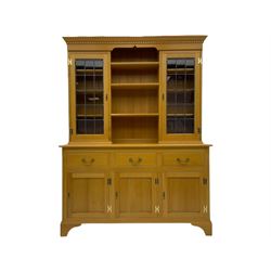 Solid light oak dresser, fitted with three drawers and three fielded panel doors, upper lead glazed display doors with open centre shelving
